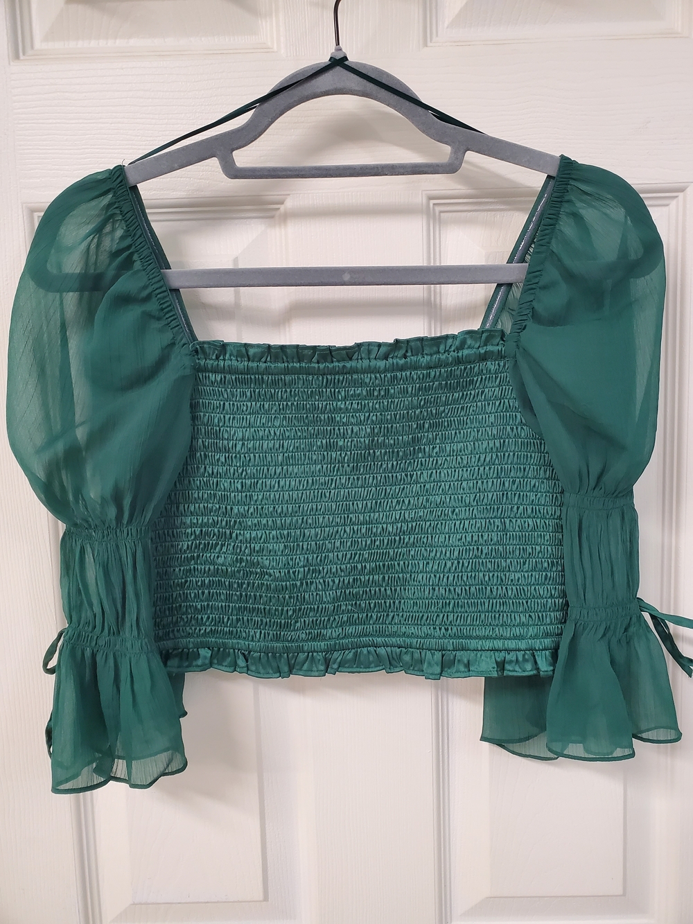 Urban Outfitters Smocked Square-Neck Puff Sleeve Top - Green
